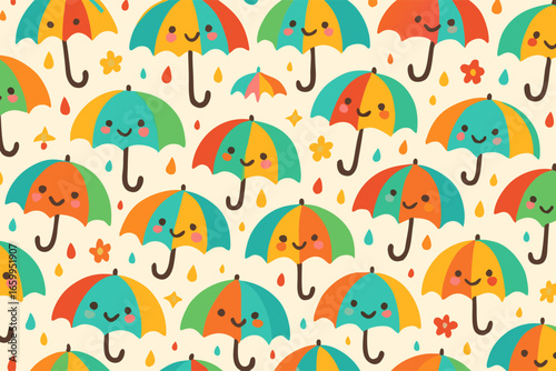 Seamless Pattern of Cute Smiling Umbrellas for Rainy Day Fun Background