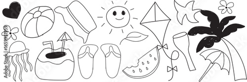 Black summer doodle icons on white background. Bright hand-drawn summer doodle icons including beach ball, sun, palm tree, coconut drink, watermelon, and flip flops on dark background.
