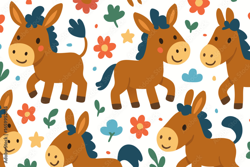 Obraz premium Adorable Donkeys and Flowers Seamless Pattern