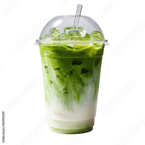 Iced matcha latte in a clear plastic cup with straw isolated on transparent background