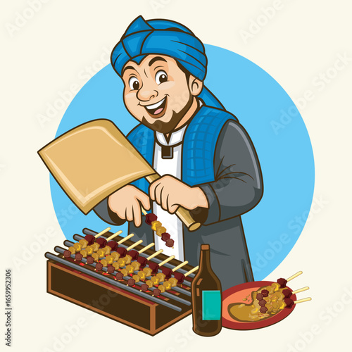 Indonesian Man Vendor with Grilled Beef Satay Street Food Cartoon