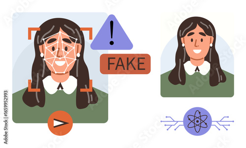 Animated face scan with grid overlay confronting deepfake marker. Includes alert icon, play button, and AI concept. Ideal for AI ethics, fraud detection, technology, digital security, innovation