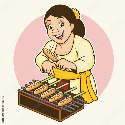 Balinese Woman in Kebaya Selling Sate Lilit Cartoon Illustration