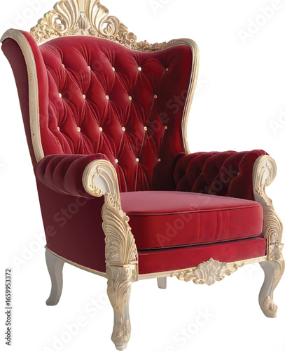 Red Velvet Armchair With White Ornate Carved Wood Frame And Gold Accents burgundy