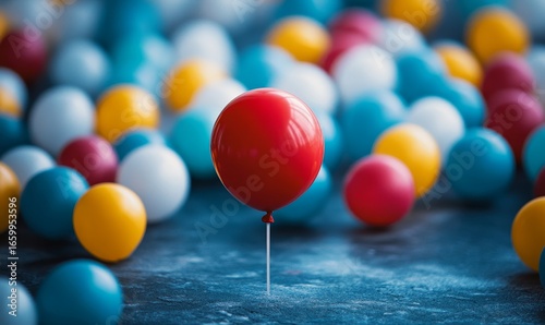 This image captures the concept of unique talent and standing out, featuring one distinct balloon among many. The colorful balloon symbolizes individuality, creativity, and the value, Generative AI