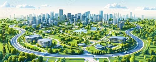 Urban planning and landscaping project illustration, featuring a comprehensive city layout that includes buildings, parks, roads, and transportation systems. This demonstrates intricate, Generative AI