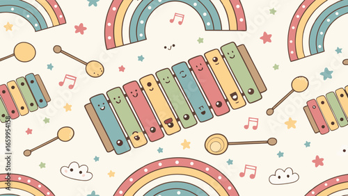 Colorful Rainbows, Xylophones, and Musical Notes A Playful Pattern