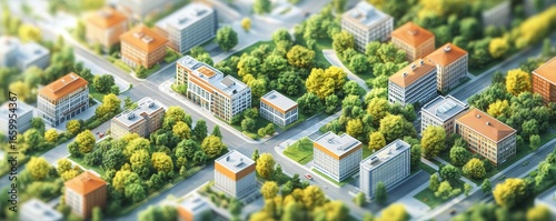 Urban planning and landscaping project illustration, featuring a comprehensive city layout that includes buildings, parks, roads, and transportation systems. This demonstrates intricate, Generative AI
