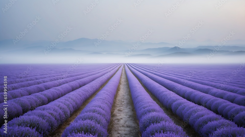 Fototapeta premium Panoramic view of a lavender field at sunrise, showcasing rows of purple lavender plants under a misty sky, creating a serene and tranquil mood with a low-angle