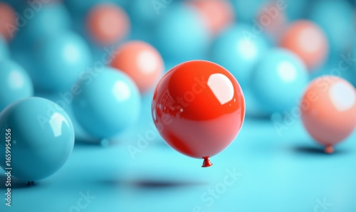 The concept of standing out in a crowd, represented by a bright, vibrant balloon that floats above the others. This metaphor symbolizes individuality, leadership, and the courage, Generative AI