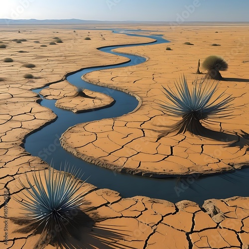Serene desert with winding river flowing through golden sand and green spiky desert plants