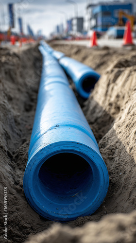 Wallpaper Mural Utilities underground project featuring blue PVC pipes in a construction site Torontodigital.ca
