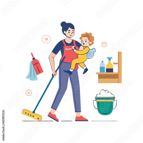 A busy parent expertly multitasks, mopping the floor with one hand while cradling a baby in the other, showcasing the challenges and joys of parenthood. See Less