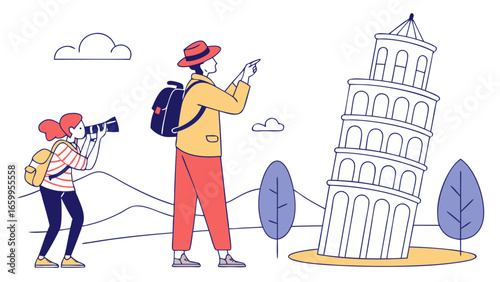 Tourists Taking Photos at Landmark – Vector Illustration of Travel, Exploration, Culture, and Modern 