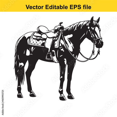 Black and white illustration of a saddled horse isolated on white background