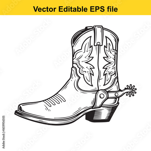 Black and white cowboy boot with spur isolated on white background