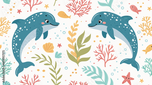 Dolphin Dance, Marine Life, Coral Reef, Illustration, Colorful Ocean Scene