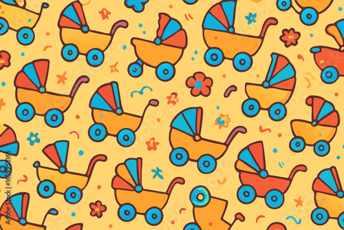 Playful Baby Strollers Pattern Design, Colorful Illustration, Fun Vibe