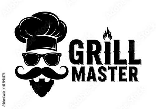 Master chef grill master icon with stylish mustache and chef hat ideal for culinary branding and bbq enthusiasts