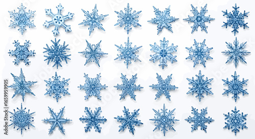 Stunning collection of intricate blue snowflakes arranged beautifully on a clean white background