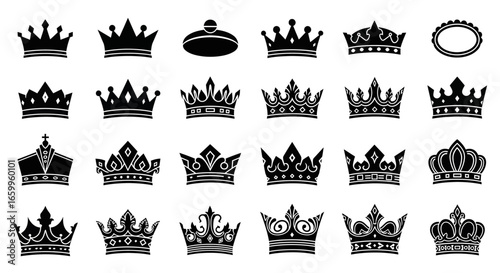 Elegant black crown icons representing royalty, luxury, power, and success for branding and design projects