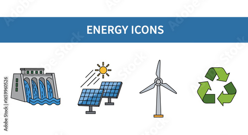 Discover clean energy solutions with icons for hydro, solar, wind power, and recycling for a sustainable future.