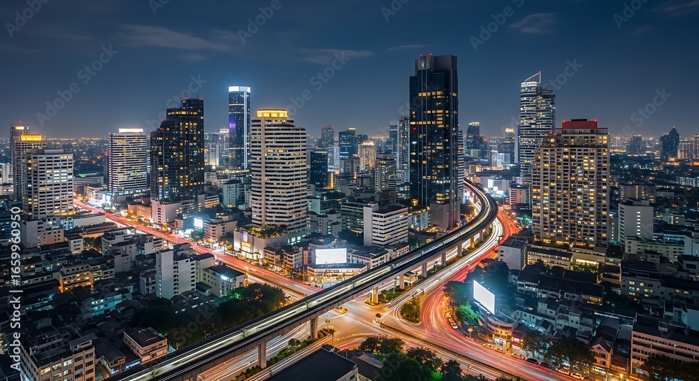 Fototapeta premium Cityscape at Night with Illuminated Skyscrapers and Transportation Network