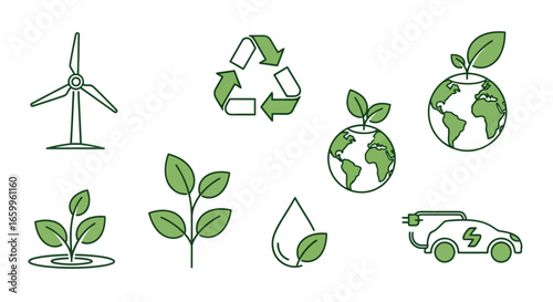 Green energy icons showcase sustainability, recycling, and eco friendly electric transport for a healthier planet.