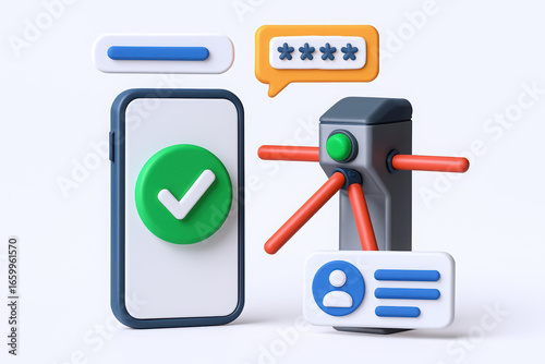 A modern mobile phone with a checkmark, security gate, and chat bubbles, symbolizing digital verification.