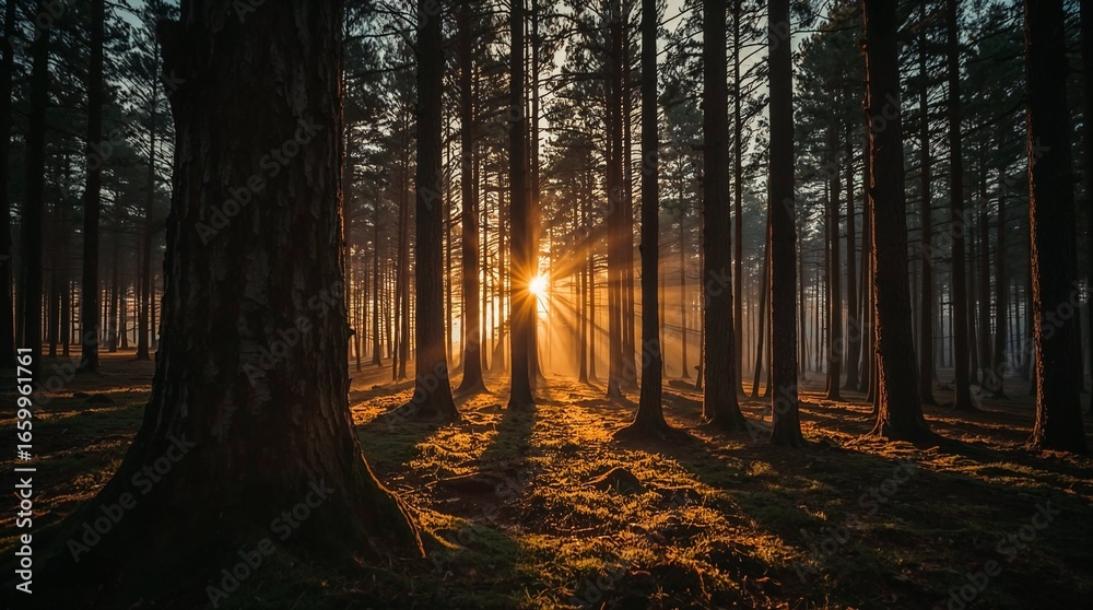 Obraz premium Sunlight streaming through tall forest trees