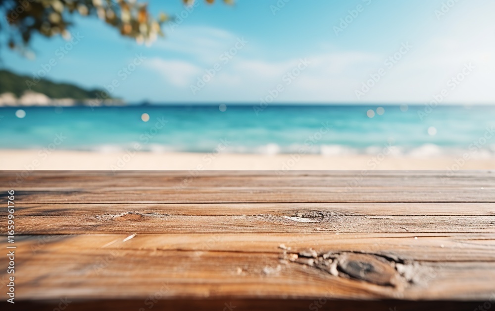 Fototapeta premium Empty wooden table light brown wood texture Blurred background, sea view and beach
