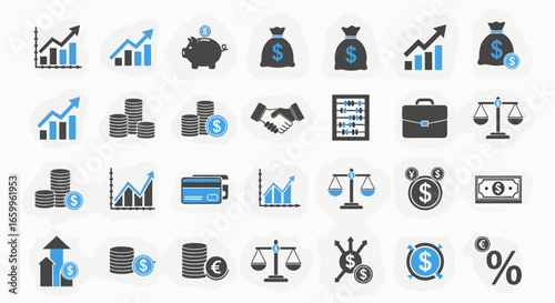Dynamic financial icons showcase growth, savings, and investment success for modern business presentations.