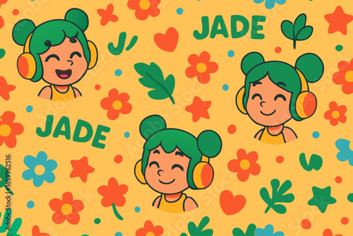 Joyful Cartoon Character Jade, Floral Background, Illustration, Playful Vibe