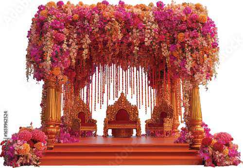 Lavish Indian Wedding Mandap with Central Throne and Two Side Chairs Surrounded by Flowers