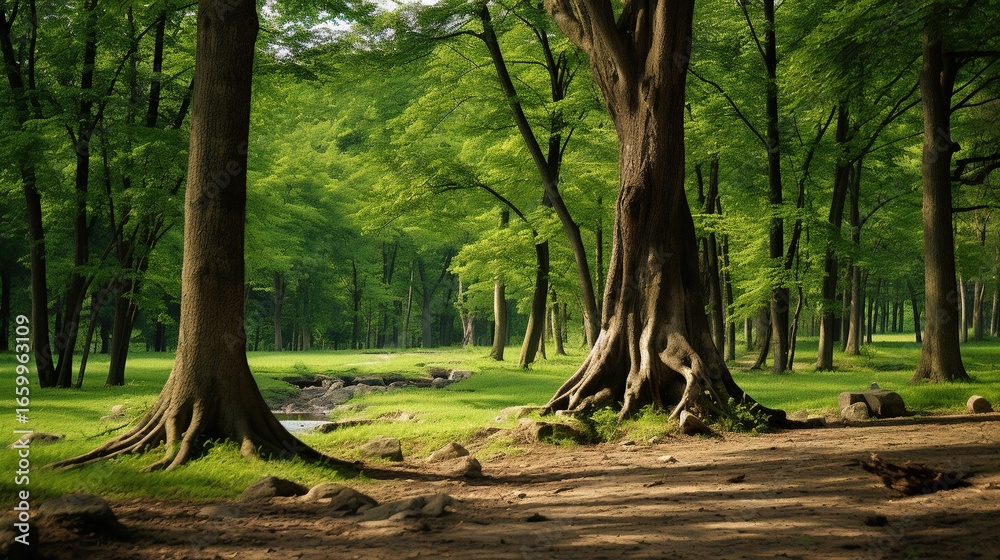 Fototapeta premium green summer atmospheric forest nature scenery landscape photography with beautiful picturesque tree in center of composition surrounded by small meadow