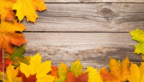 Autumn maple leaves frame a rustic wooden background, perfect for seasonal designs and decorations.