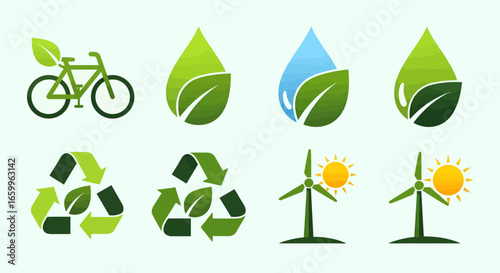 Vibrant eco-friendly icons including bicycle, water drops, recycling symbols, and wind turbines with sun