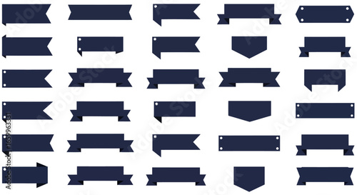 Collection of versatile navy blue ribbon banners and labels for professional design projects and marketing campaigns
