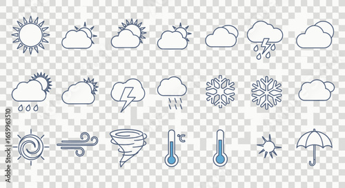 Vibrant weather icons capture sun, clouds, rain, lightning, snow, wind, tornado, temperature, and umbrella for dynamic forecasts