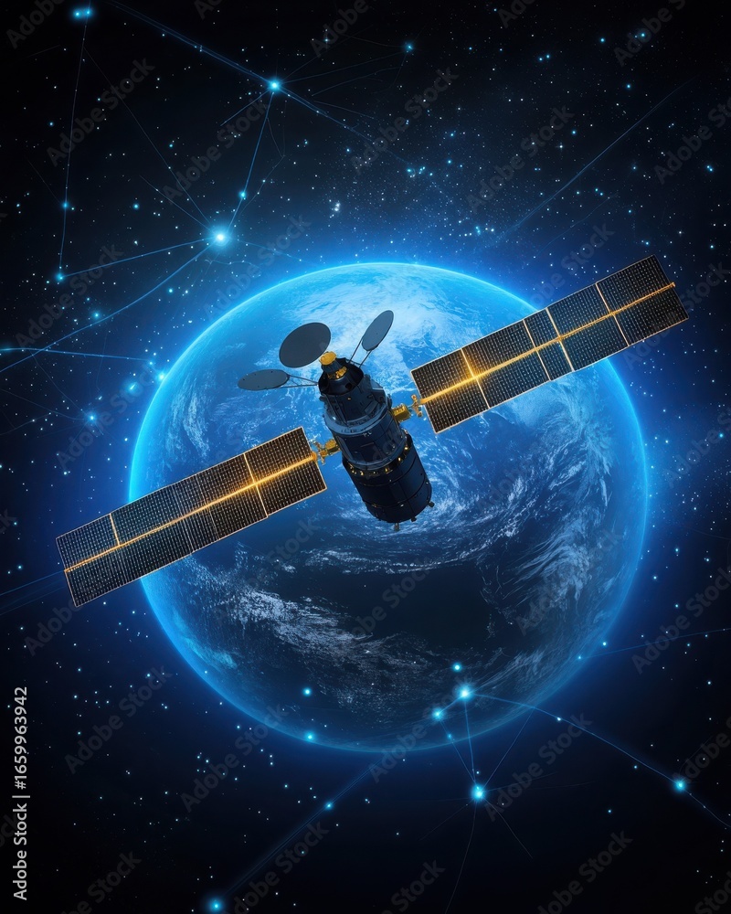 Fototapeta premium Satellite Orbiting Earth at Night with Digital Network Connections