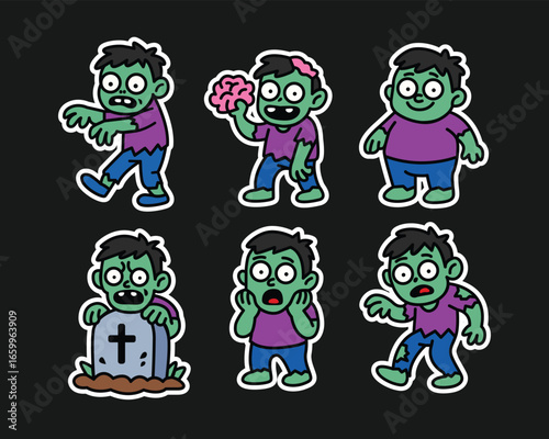 A collection of cartoon zombies in various poses, showing expressions and actions.