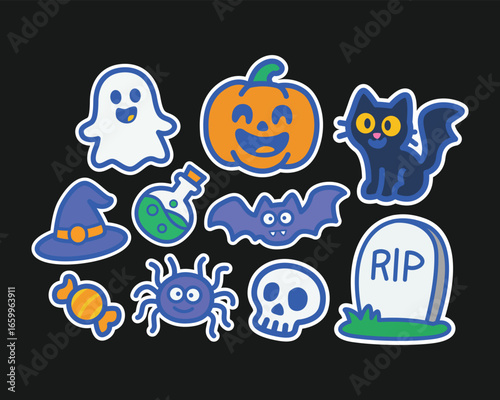 A collection of whimsical Halloween-themed cartoon illustrations, featuring various spooky characters and objects.