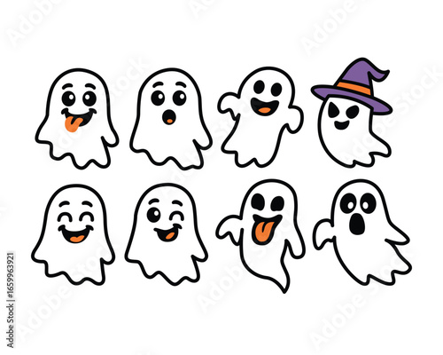 Eight cartoon ghosts with different expressions, one wearing a witch hat, isolated on white.