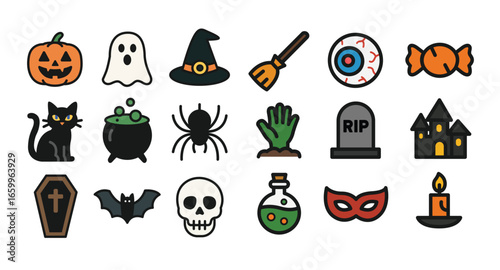 Collection of Halloween themed icons including a pumpkin, ghost, witch hat, broom, eyeball, candy, black cat, cauldron, spider, zombie hand, tombstone, haunt...