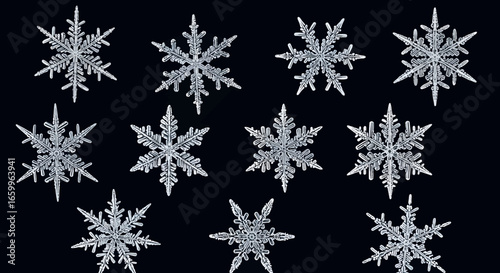 Stunning macro display of intricate snowflakes, unique crystalline structures, winter wonder, natural beauty, perfect for seasonal design