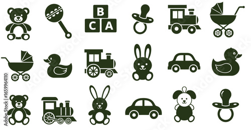 Baby Toys and Nursery Icons – Teddy Bear, Pacifier, Blocks, Stroller Vector Set