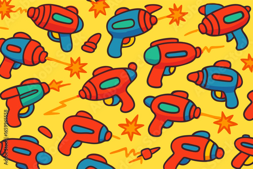 Playful Action, Toy Laser Guns, Bright Yellow Background, Fun Illustration