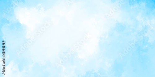 Abstract background with panorama of blue sky and white cloud nature design. horizon spring morning sky with clouds background. hand painted watercolor shades sky clouds.