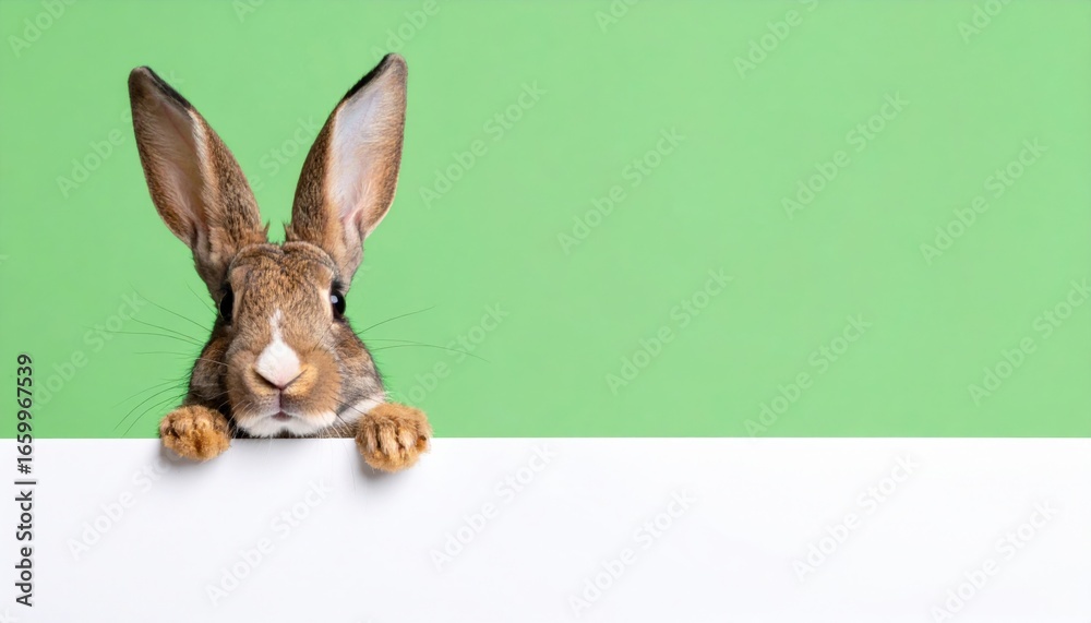 Obraz premium A curious bunny rabbit looking over a surface with a cheerful expression. The bunny has brown fur, long ears, and is against a pale green background.