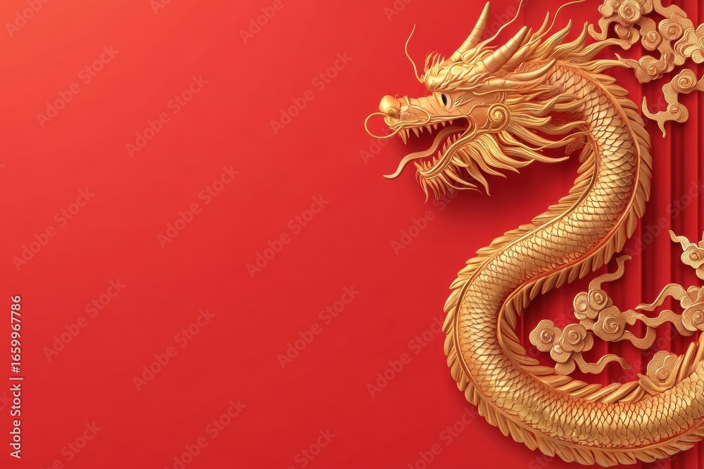 Obraz premium Golden Dragon's Descent: A radiant gold dragon gracefully descends against a backdrop of vivid red, embodying prosperity and auspiciousness, a vibrant symbol of cultural heritage.
